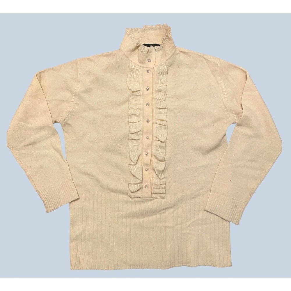 Vintage Sweater Yellow Knit Ruffle Front Neck Pearl Button Notre Dame